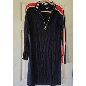 Venus‎ Navy Blue Stripe Trim Collared Long Sleeve Mini Knit Dress Size Medium